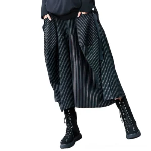 Black pinstripe wide leg gothic skirt with oversized side pockets, shown on model wearing dark alternative fashion clothing