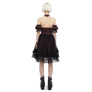 Black plaid gothic dress back view showing smocked back panel and tulle ruffled hem detail
