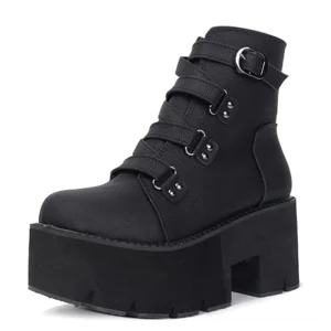 Single black platform ankle boot showing side profile with 8cm block heel and 5cm platform, buckle details visible