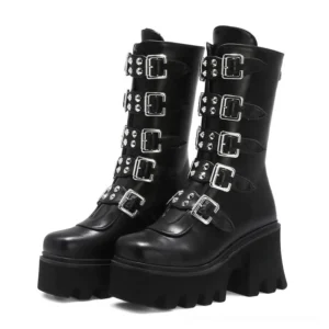Black platform mid-calf combat boots with silver buckles and studded accents frontal view