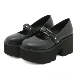 Black platform Mary Jane shoes with buckle strap, front view showing sleek PU leather construction and architectural square heel