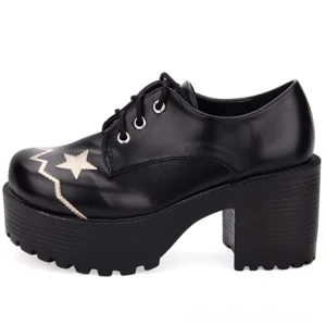 Single black lace-up platform oxford shoe with star embroidery, three-quarter front angle view
