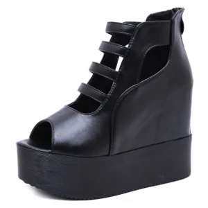 Women's black platform sandals with back zipper closure, side profile showcasing peep toe detail and 11cm heel elevation