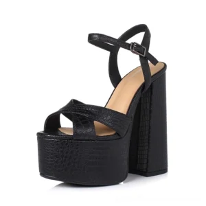 Gothic chunky heel platform sandals with crocodile-printed texture detail, side profile view