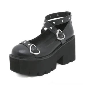 Single black lolita platform shoe with chunky block heel and dual cross straps, front-side view