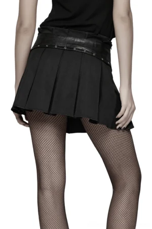 Black gothic pleated mini skirt back view showing concealed side zipper and metal eyelet waistband details