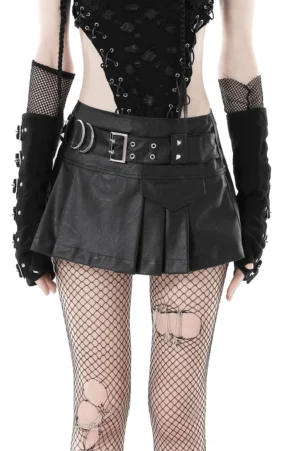 Black pleated vegan leather mini skirt front three-quarter view with dual metal buckle waist detail
