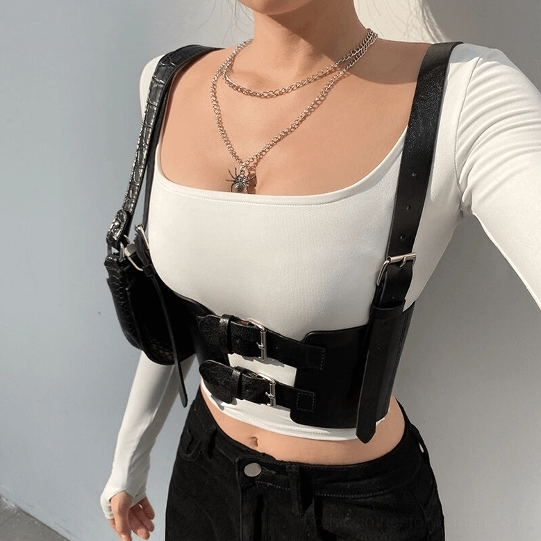 Black PU leather gothic corset belt styling detail - texture and construction quality