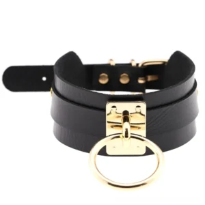Black PU leather double-layer bondage choker with gold metal ring hardware, adjustable gothic statement necklace