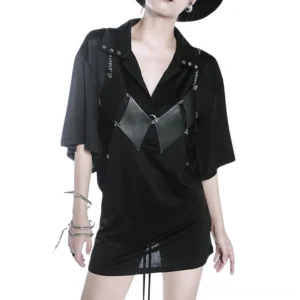 Black PU leather chain harness tank top with geometric rhombus cutout panels and metal chain straps, front view on model
