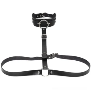 Black PU leather chest harness with adjustable buckles and metal hardware - flat lay studio shot