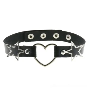 Flat lay of black PU leather gothic choker with adjustable snap fasteners, silver heart pendant and hollow star ornaments displayed on white background