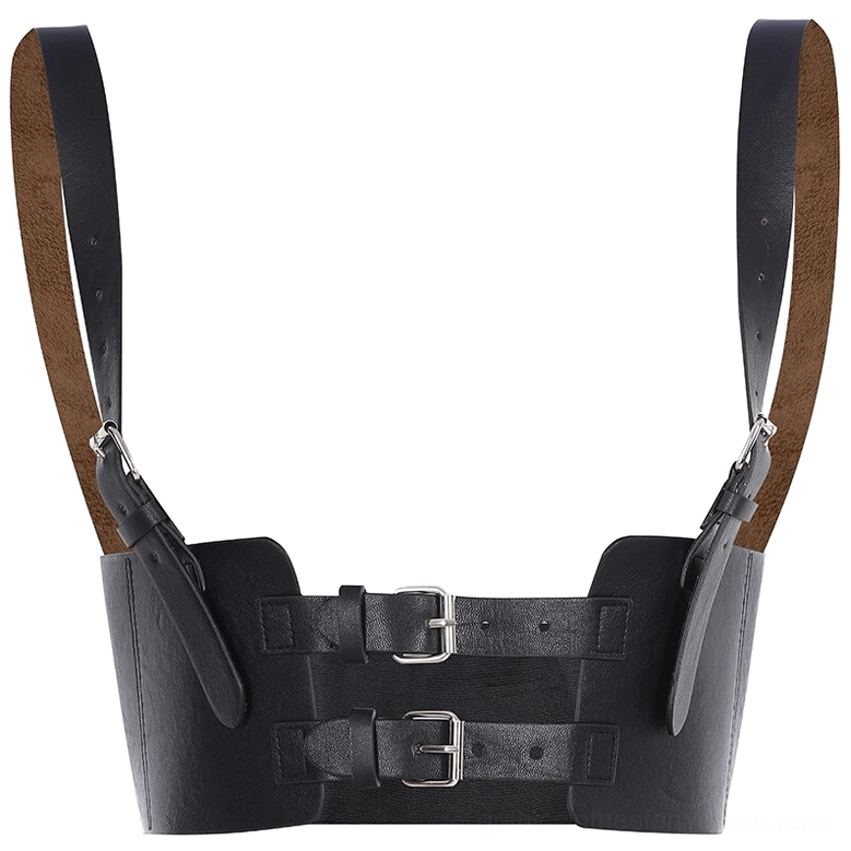Black PU leather corset belt flat lay - brown lining and dual buckle fasteners visible