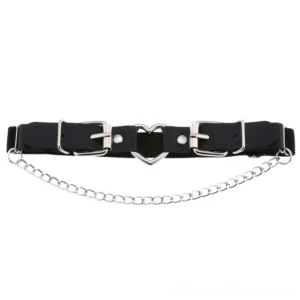 Black gothic garter belt with heart-shaped buckle and curb chain pendant, flat lay front view