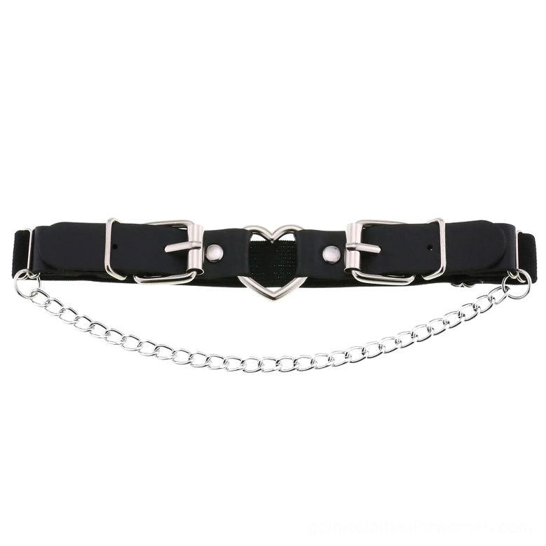 Black gothic garter belt with heart-shaped buckle and curb chain pendant, flat lay front view