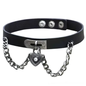Black PU leather gothic choker necklace with heart-shaped lock pendant and silver chain - front flat lay view