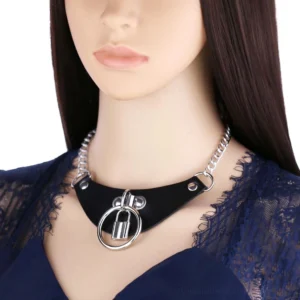 Black PU leather gothic choker necklace with silver chain and lock pendant worn on female mannequin, front view close-up