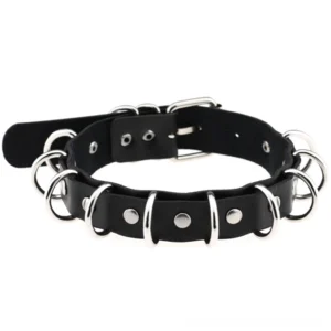 Black faux leather gothic choker with silver metal rings and studs, adjustable buckle closure