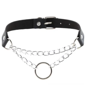 Black PU leather gothic chain choker with dual silver chains and O-ring accent, adjustable buckle closure, front flat lay view