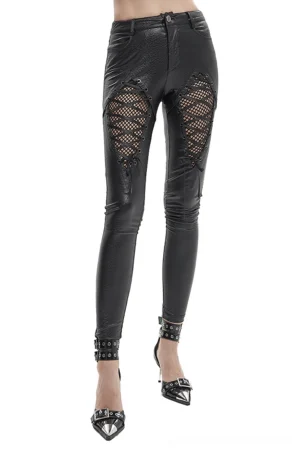 Black PU leather gothic slim pants with mesh lace-up thigh cutouts front view