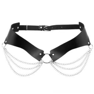 Black PU leather gothic chain waist harness with layered silver chains, flat lay product shot on white background