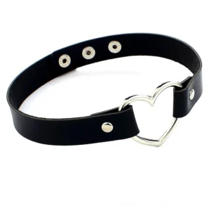 Black PU leather heart choker necklace with silver hollow heart buckle and adjustable snap fasteners on white background