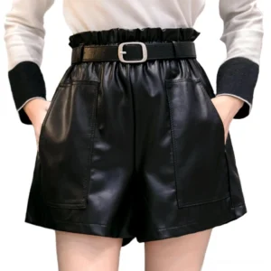 Black PU leather high-waist wide-leg shorts with paperbag waist and functional front pockets, front close-up detail view