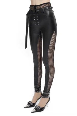 Black PU leather mesh gothic leggings with studded belt, front view on model