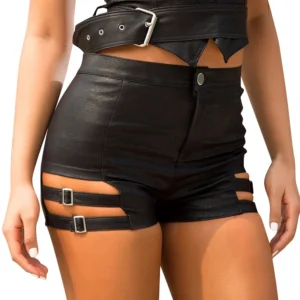 High-waist black leather shorts with button and zipper fly closure, front medium view on female model