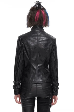 Rear view of gothic punk jacket with cracked black leather texture, double metal buckle cuffs, and tailored back seam details