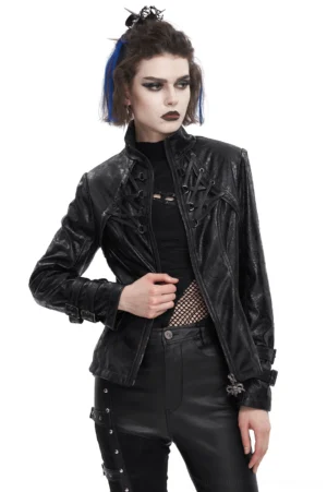 Female model wearing black gothic punk jacket with stand collar and double buckle sleeve cuffs, front three-quarter view showing fitted silhouette