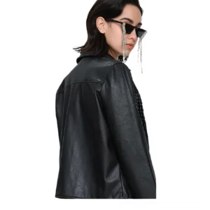 Black punk rock leather jacket back view showing rear silhouette and yoke design