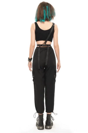 Gothic punk overalls back view showing single adjustable suspender strap and overall silhouette