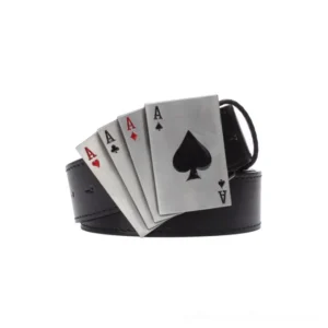 Black punk leather belt with playing card ace buckle, top-down overhead shot