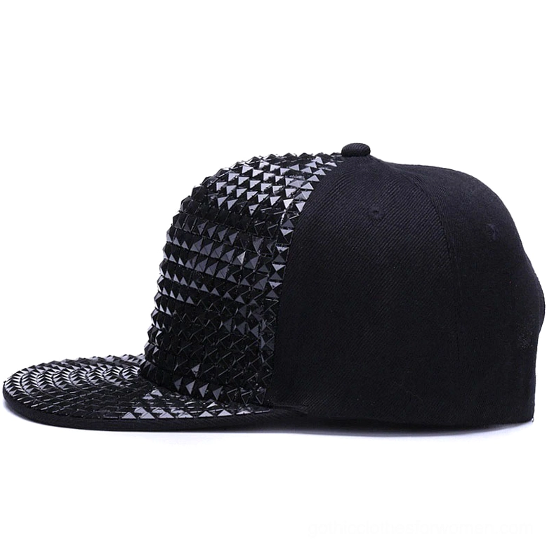 Black pyramid stud snapback cap side profile showing dense stud pattern and flat brim detail