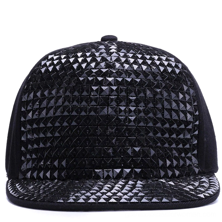 Full black pyramid stud snapback cap front view with all-over geometric stud embellishment