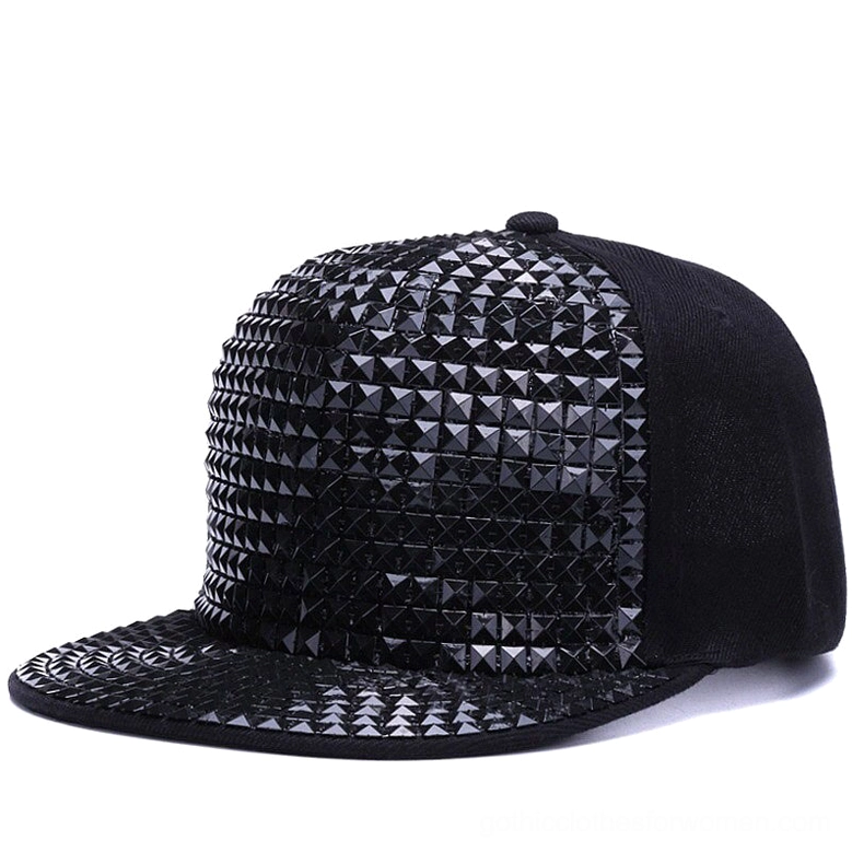 Black pyramid stud snapback cap front three-quarter view with full stud coverage and flat brim