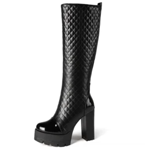 Black quilted gothic platform knee-high boots with chunky block heel and patent leather toe cap, side view