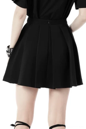 Black pleated gothic mini skirt back view showing hidden zipper closure and smooth fabric drape