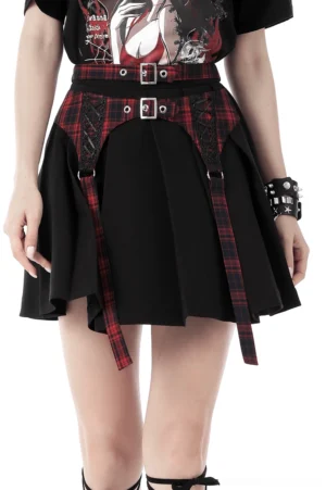 Black and red tartan gothic pleated mini skirt with metal buckle harness worn by model, front view