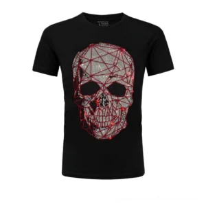 Black rhinestone skull gothic t-shirt front view with geometric silver and red stone detail on flat lay display