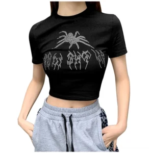 Black rhinestone spider gothic crop top worn by model - front view showing detailed rhinestone and text print on bodycon fit tee with O-neck collar