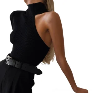 Black ribbed bodysuit side profile showing turtleneck and single sleeve detail