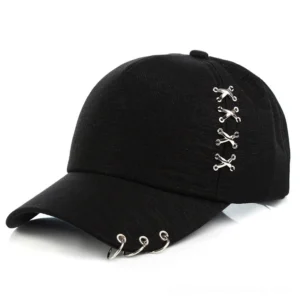 Black textured fabric baseball cap with silver side ring decorations and metal brim hoops