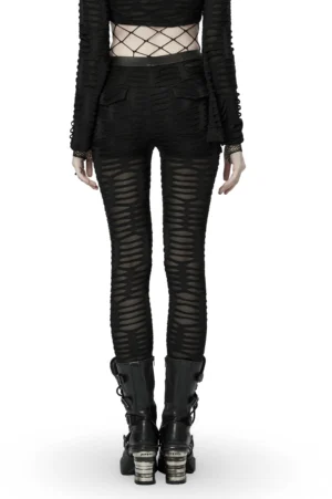 Black ripped gothic leggings back view on model, showcasing rear design with matching metal hardware placement and back pockets