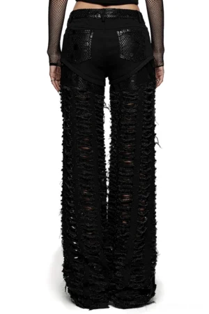Black ripped mesh gothic trousers back view on model, frayed leg details, rear patch pockets