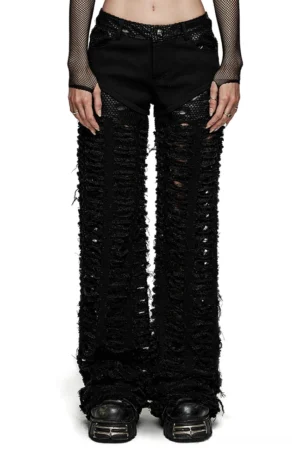 Black ripped mesh gothic trousers front full-body view on model, distressed cut-out panels, low-rise loose fit