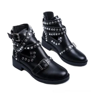 Pair of black gothic ankle boots with chunky block heels and metal rivets, overhead side view