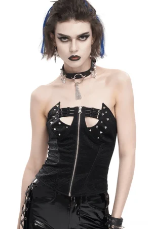 Black rivet overbust corset with front zipper worn by model with punk hairstyle, front view studio shot
