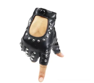Studded fingerless gloves worn on hand, three-quarter view displaying palm cutout and silver round rivets in gothic punk style